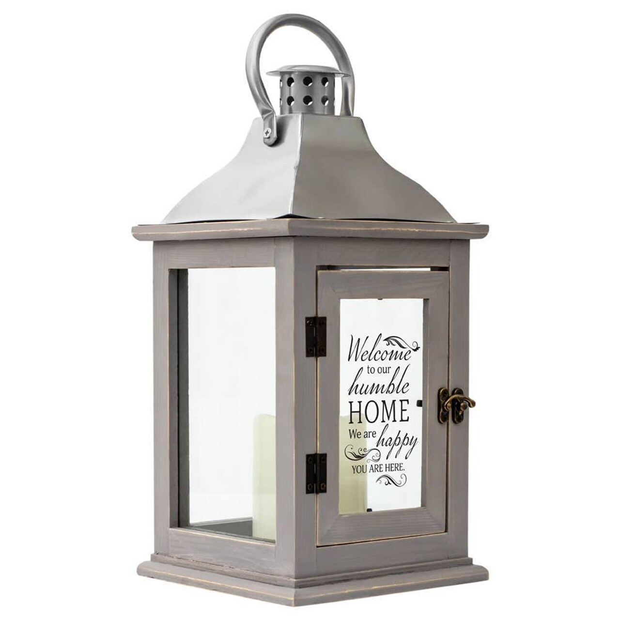 Edge Collection - 13" x 6.5" x 6.5" - Gray - Elegant Home Lantern with LED Candle - 1 Piece